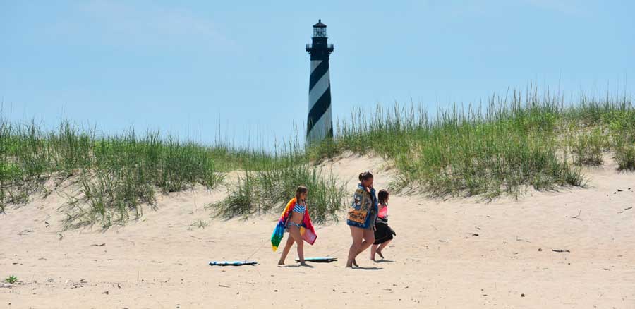 People walking on a Cape Hatteras National Seashore with the Cape Hatteras Lighthouse on their background