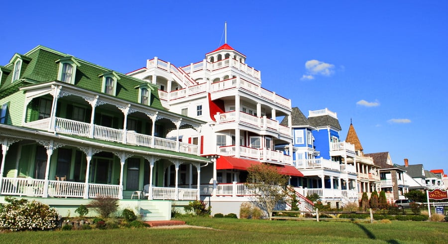 Exterior view of the Victorian homes along the street of Cape May