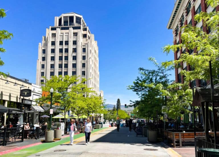 People strolling on the street of Capital City Public Market in Downtown Boise