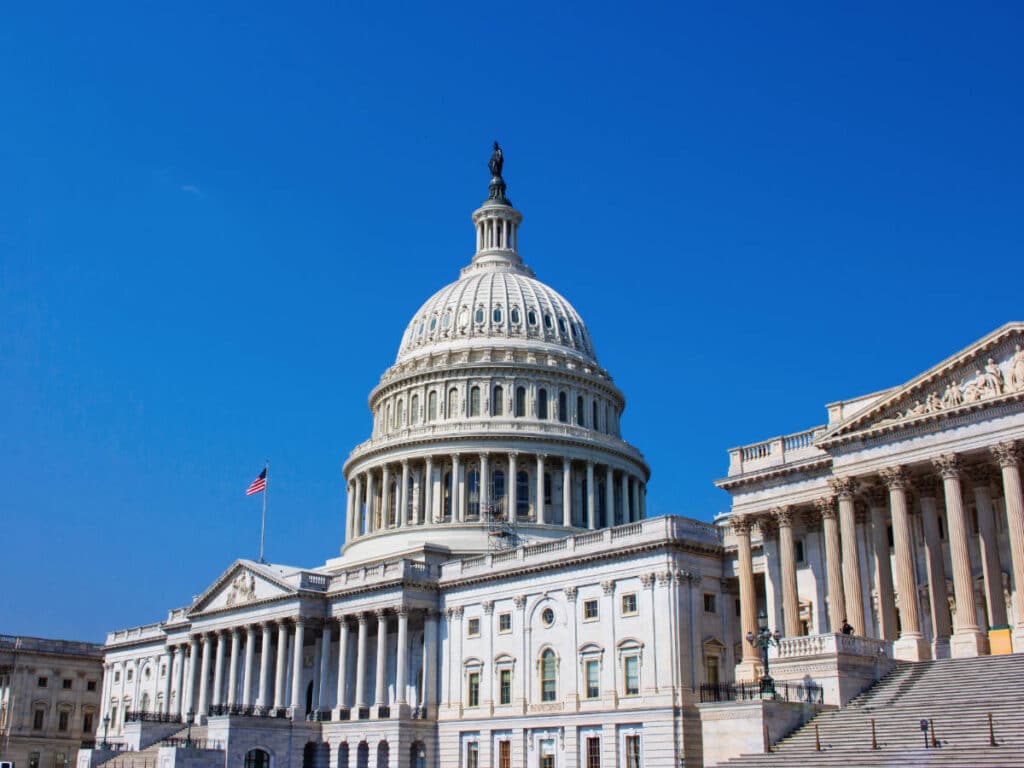 Clear blue sky over the Capitol Hill building in Washington D.C.