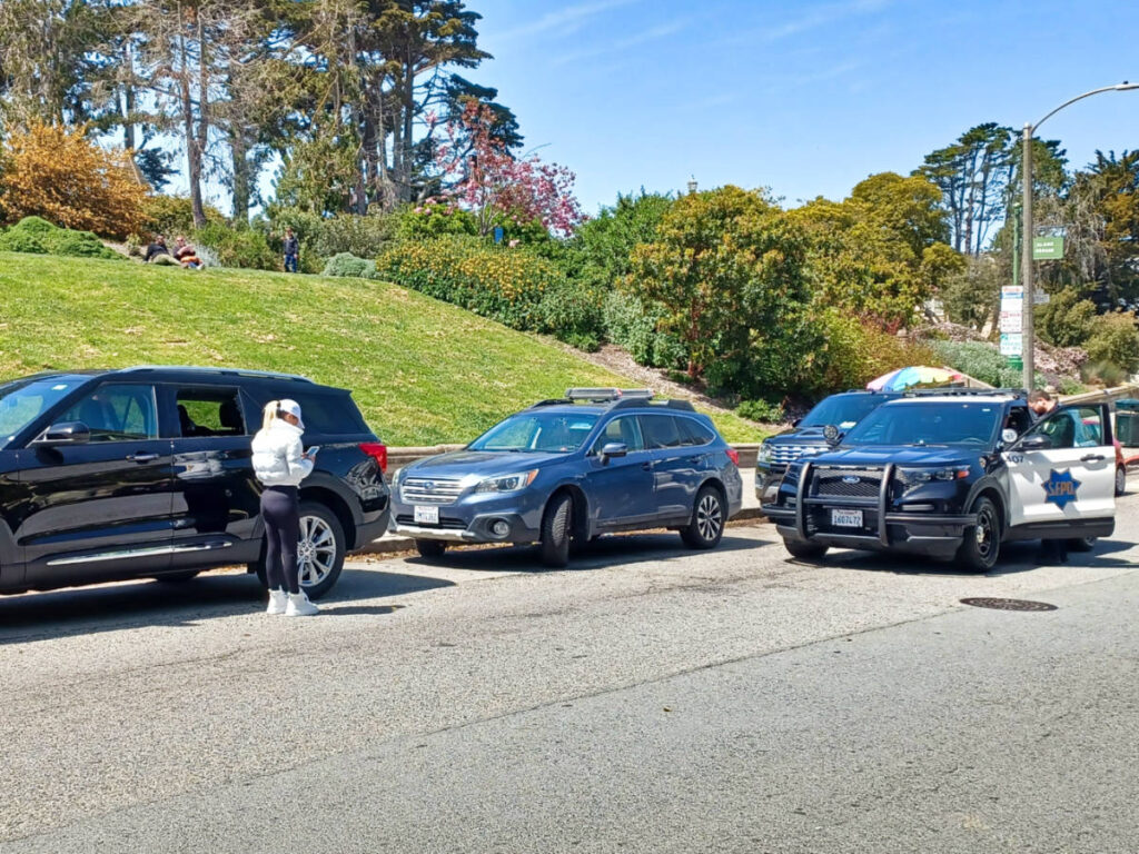 View of the parked cars and a police car at Alamo Square Park