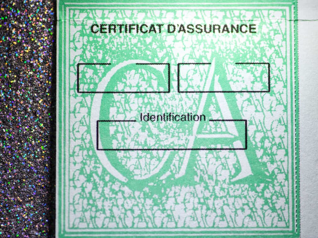 A copy of a car insurance certificate in Paris
