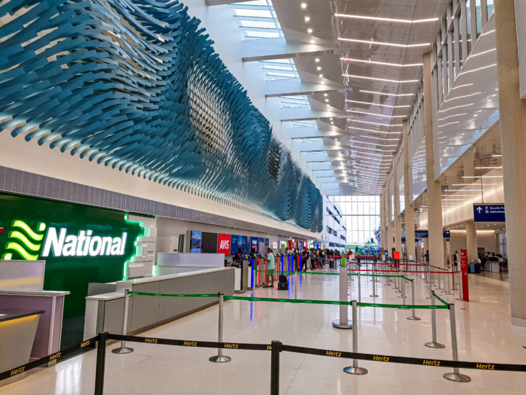 View of the car rental desks inside the Chicago O’Hare Airport