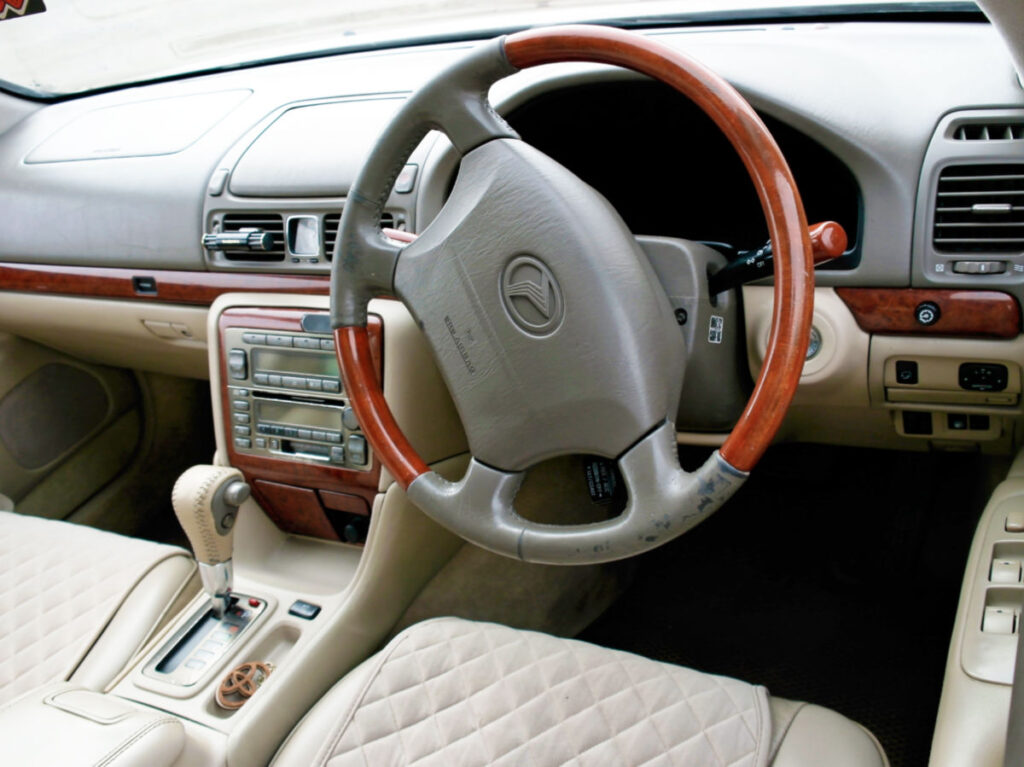 View of the steering wheel inside the car