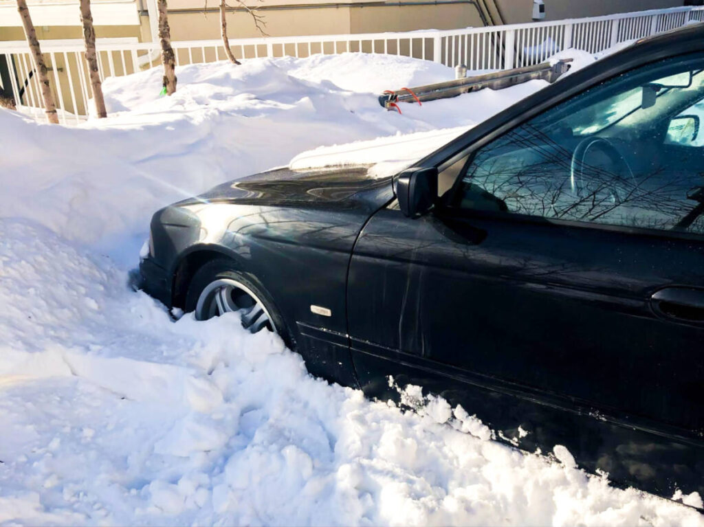 A car stuck in a snowbank in Winnipeg