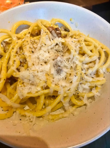 Closeup look of the carbonara from Emilia’s Crafted Pasta