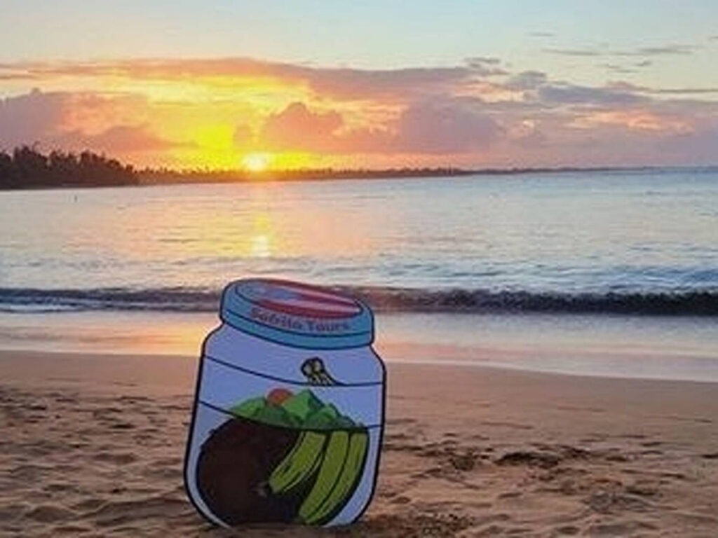 A hand painted cardboard along the shoreline at sunset