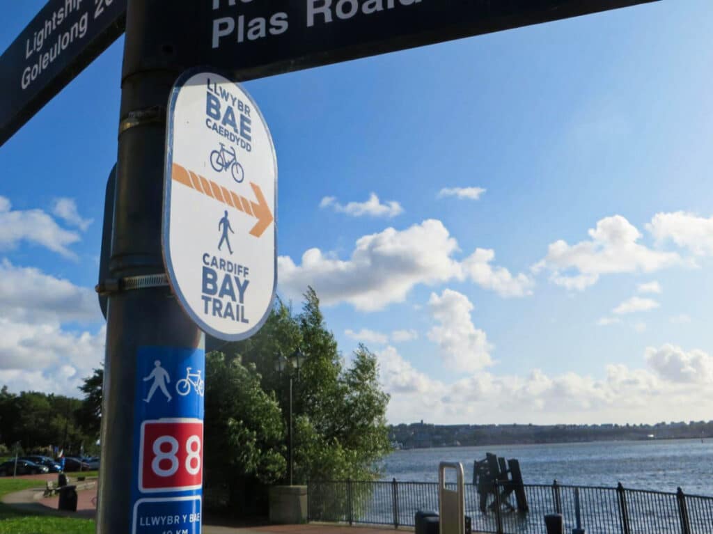 Walking and cycling signage at the Cardiff Bay Trail