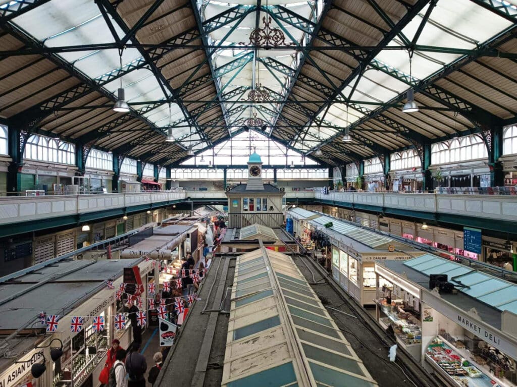 View of the stalls lined inside the Cardiff Market hall