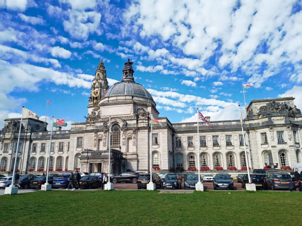 View of the magnificent exterior of Cardiff City Hall and Cathays Park