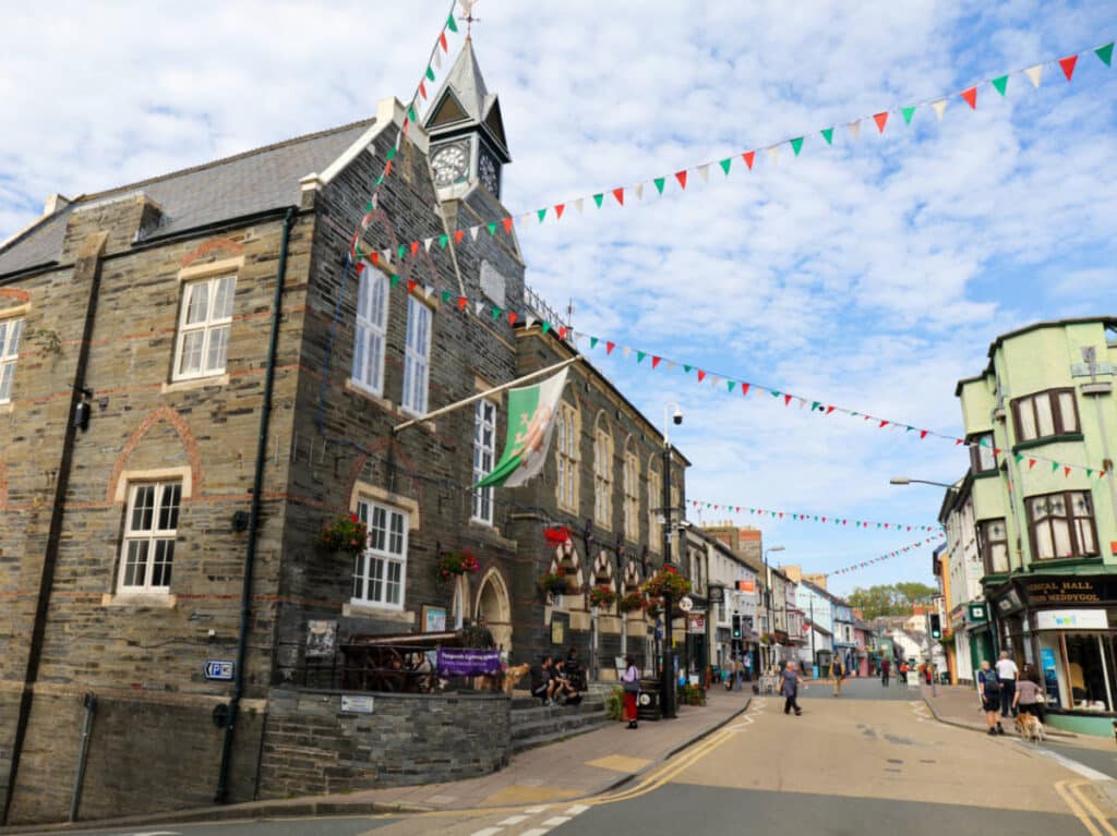 View of the Guildhall of Cardigan at the corner of the street