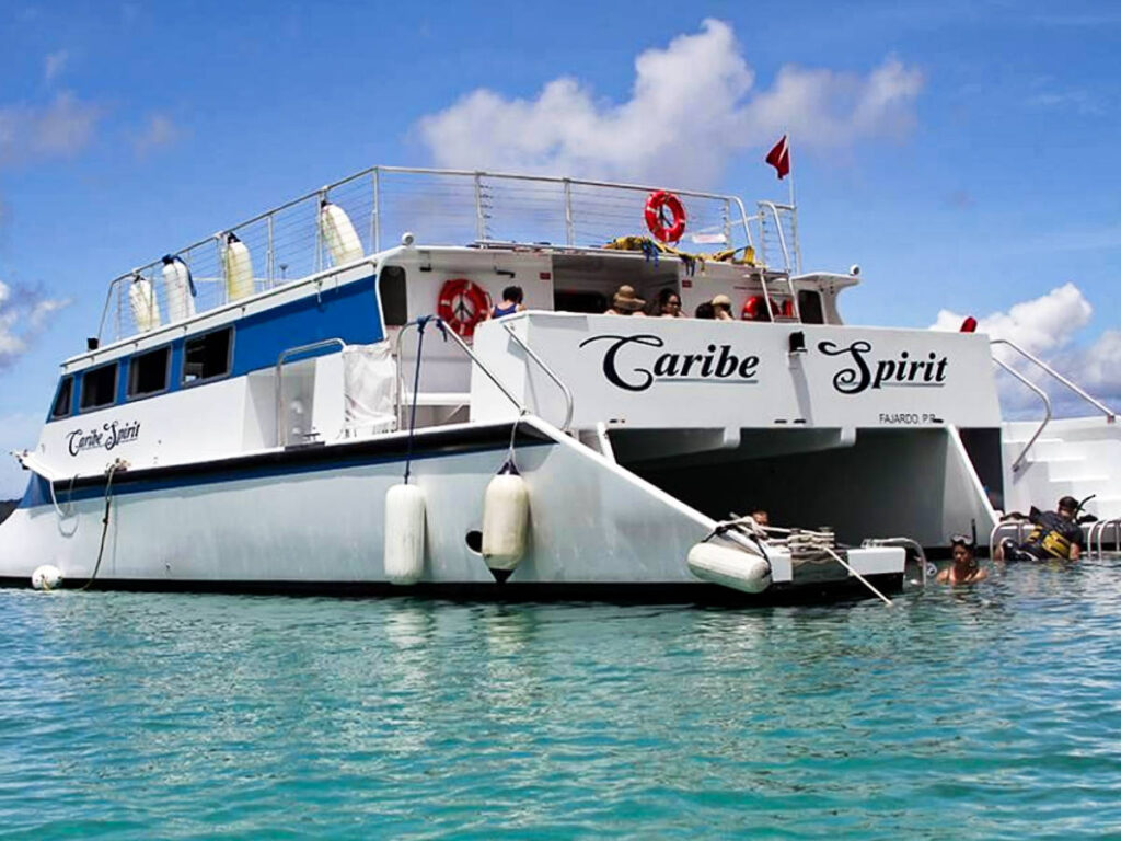 Tourists swimming near the docked Caribe Spirit catamaran