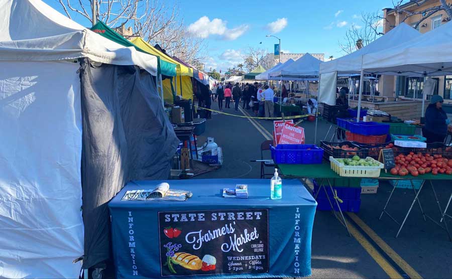 View of people and different stores in Carlsbad Village Farmers Market