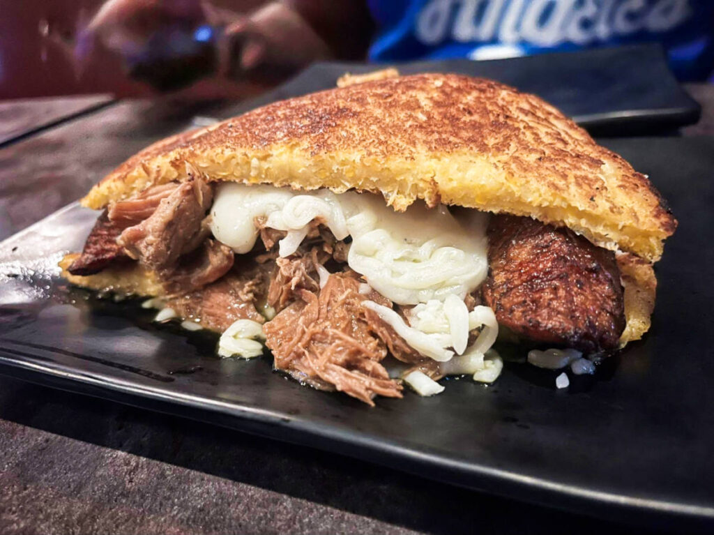 Closeup look of the carne arepa from Arepa Lady