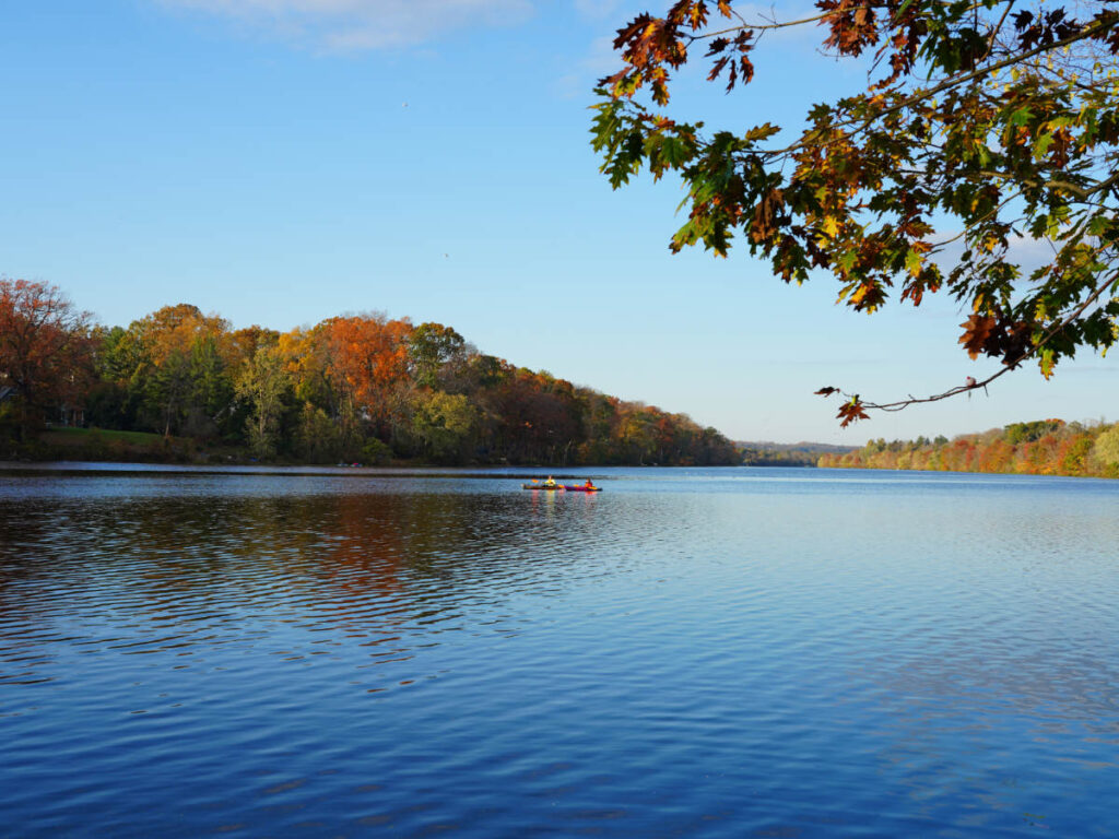 People kayaking at the Lake Carnegie during fall season