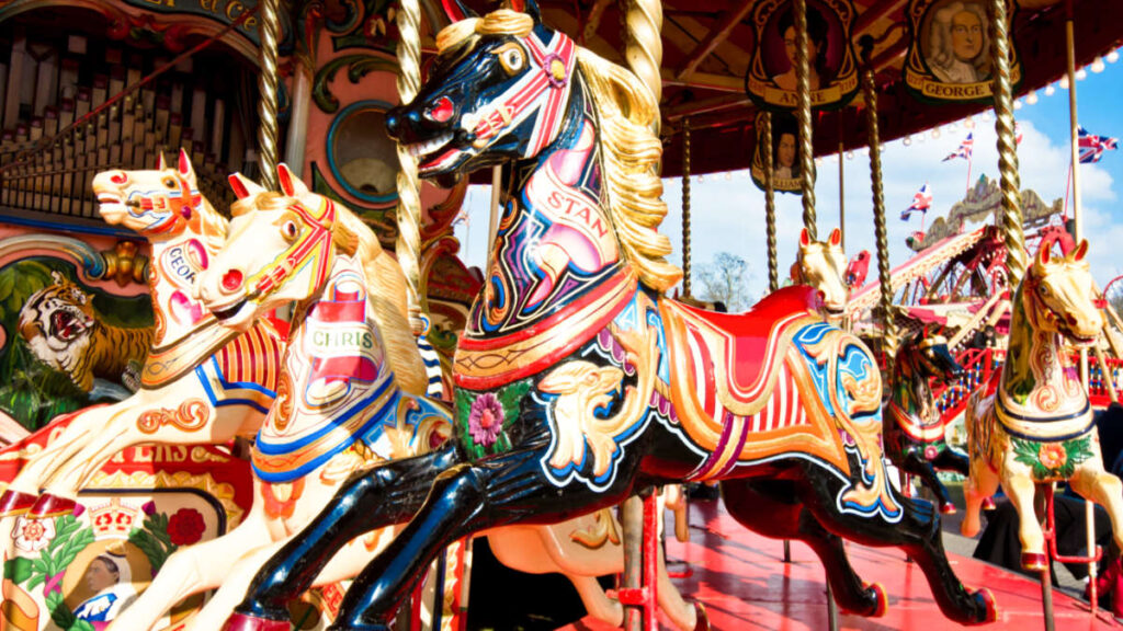 Closeup view of the carousel horses