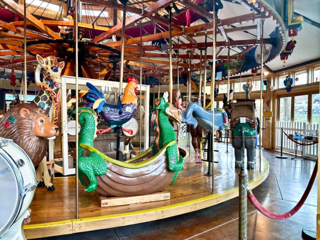 View of the colorful animal figures at the Carousel of Happiness