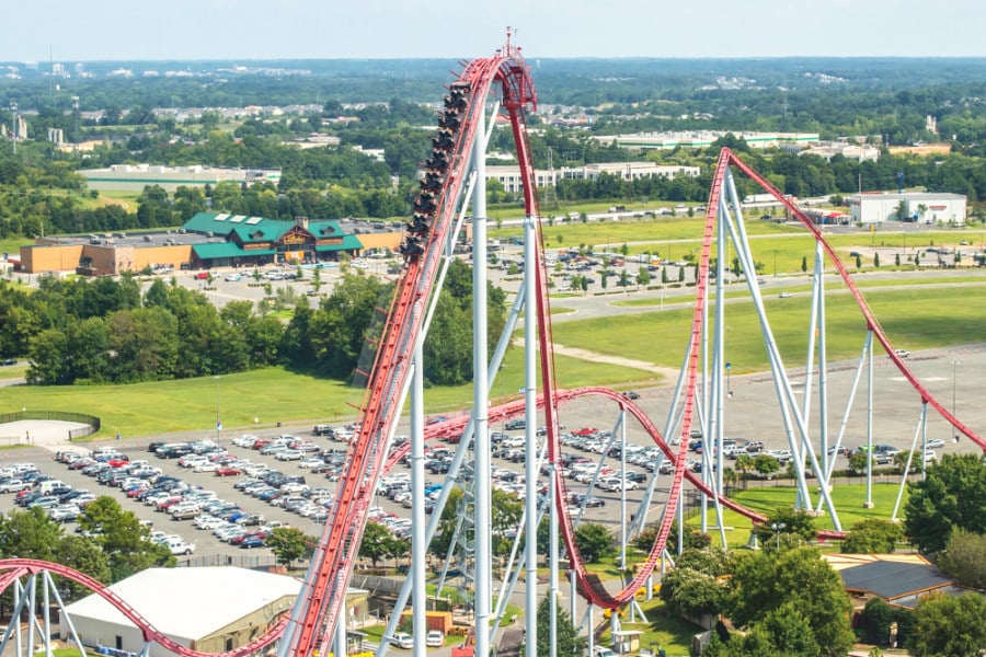 View of a steep roller coaster ride at Carowinds