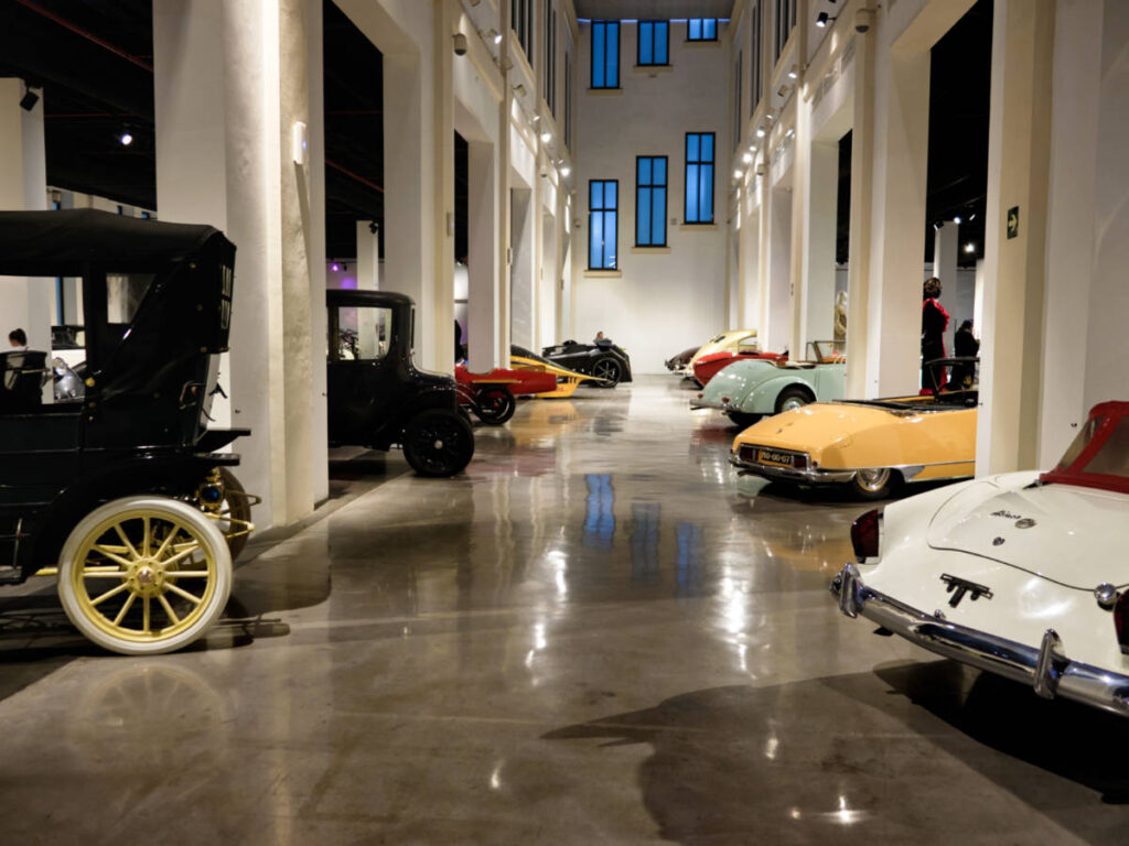 View of the displayed vintage cars inside the Automobile Museum of Malaga