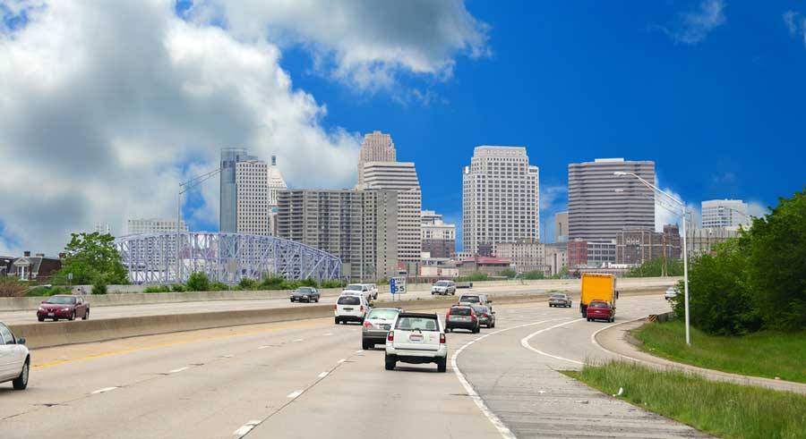 Cars passing along in Cincinnati Downtwon