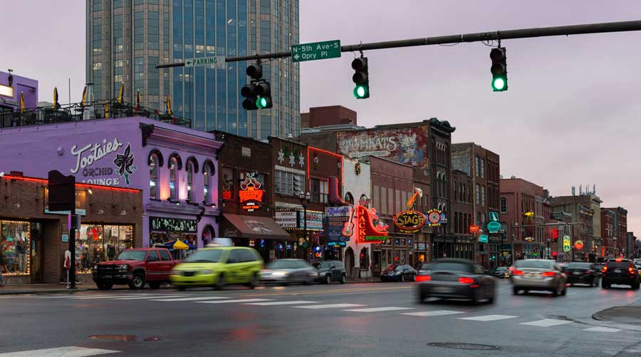 View of cars in Downtown Nashville before nighttime