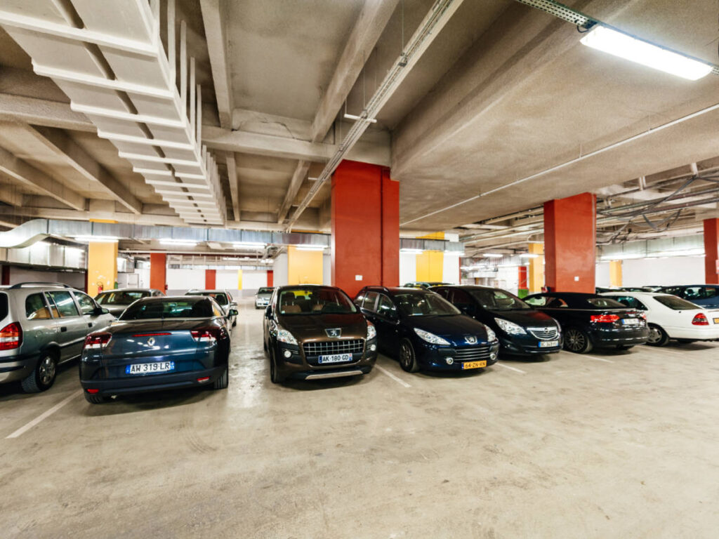 View of the cars at the underground parking lot in Paris