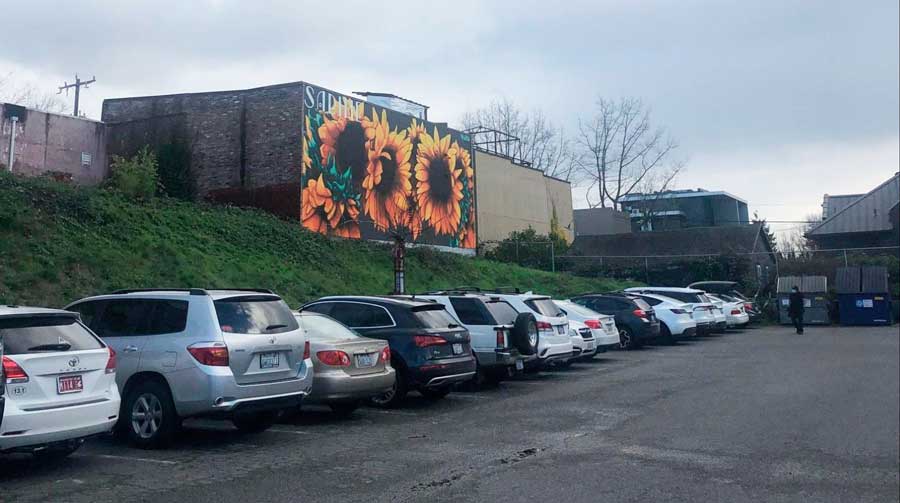 View of the cars parked near a sunflower mural on a gloomy day