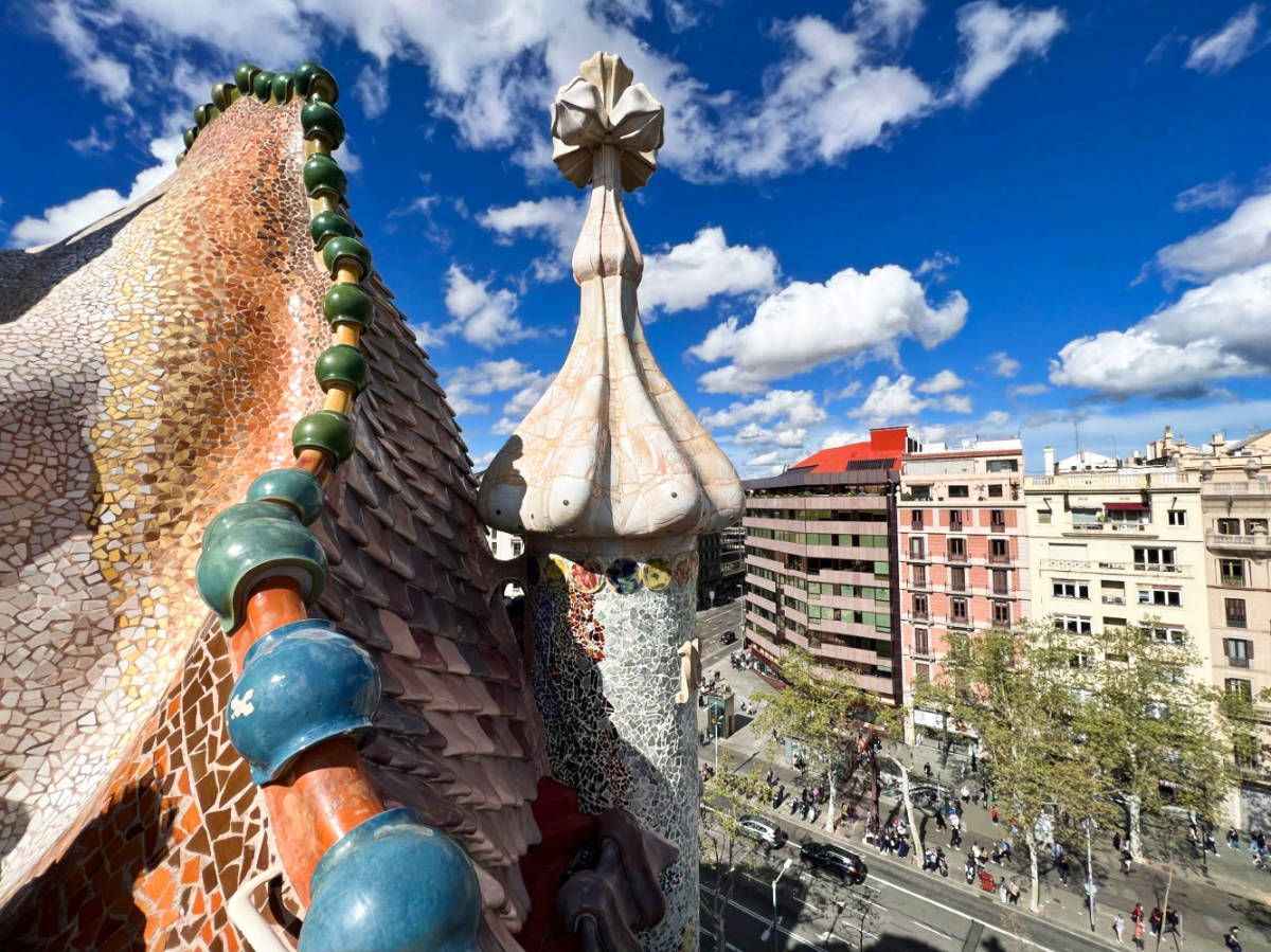 Closeup view of the intricate exterior from the roof terrace of Casa Batlló