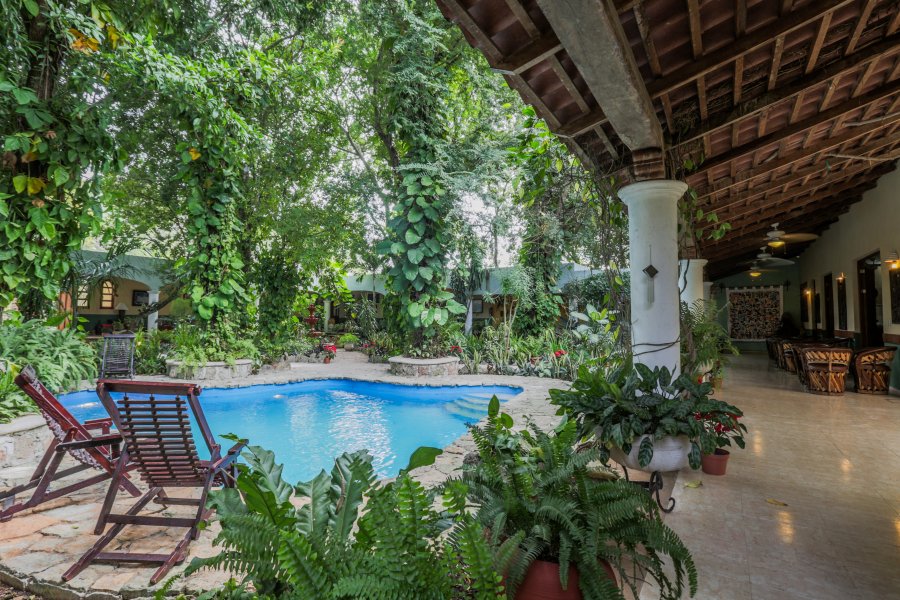 View of the pool area surrounded by greenery in Casa Quetzal Boutique Hotel