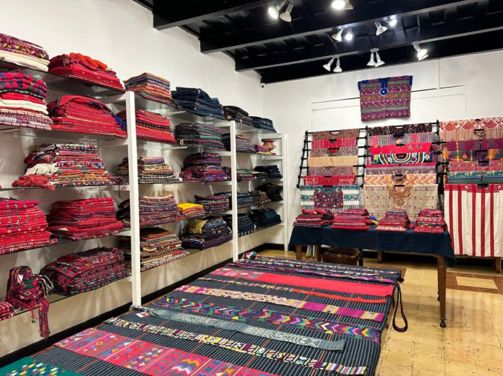 Colorful textiles at the Casa de Artes in Antigua