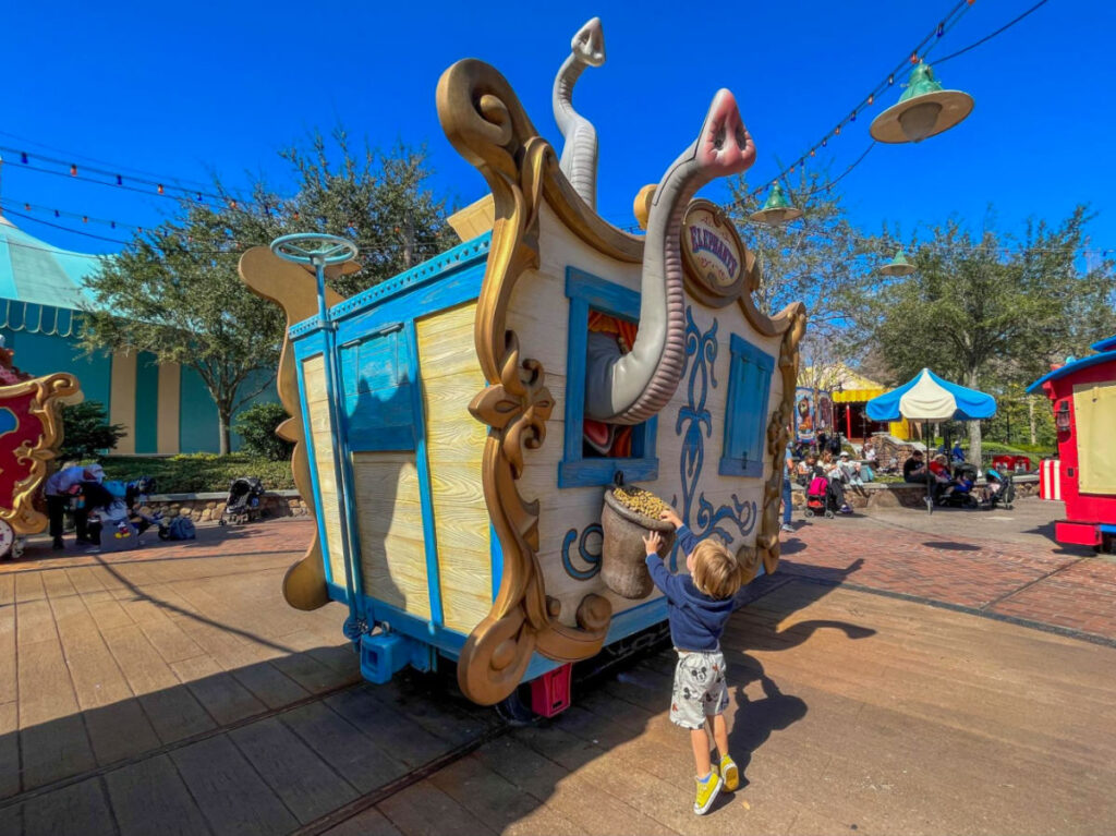 A child stands beside a elephant cage at Casey Jr. Splash 'N' Soak Station