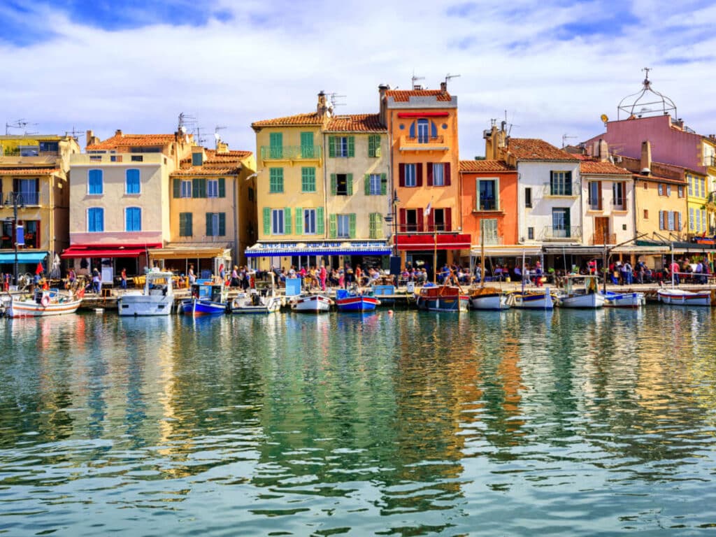 View of the colorful buildings along the fishing village of Cassis