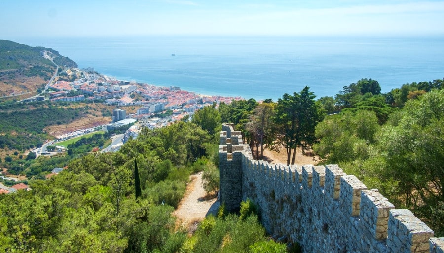 View from Castelo de Sesimbra overlooking the cityscape and ocean