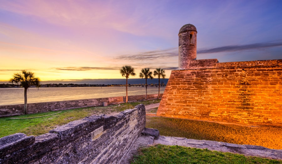 View of the Castillo de San Marcos at sunset in St. Augustine, Florida