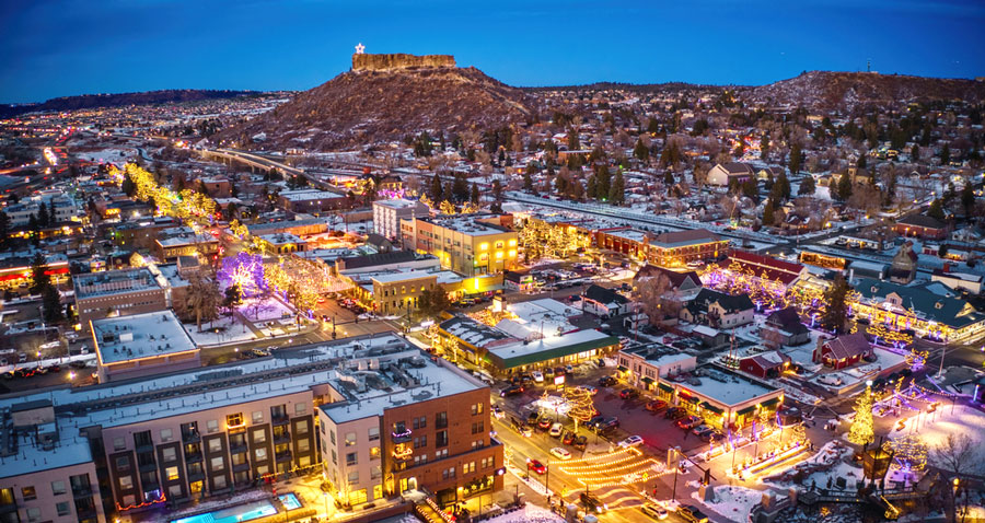 Aerial view of Castle Rock Downtown during Christmas season