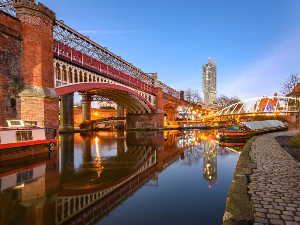 Clear blue sky over the canals in Castlefield