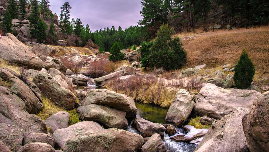View of water running on rocks in Castlewood Canyon