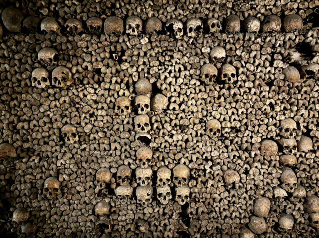Skulls and bones at the Catacombs of Paris