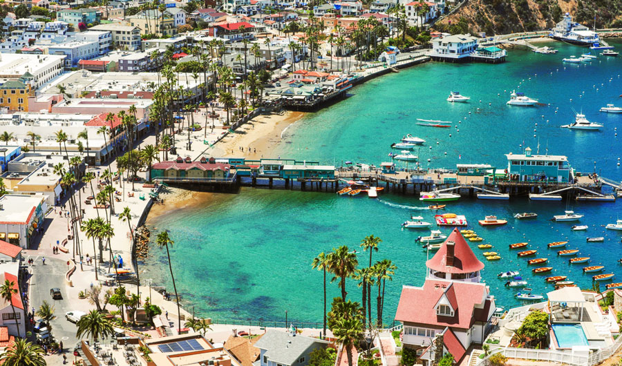 Aerial view of the Catalina Island and the blue green water around it