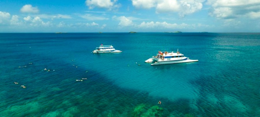 View of the sailing Catamarans on the clear blue water of Culebra