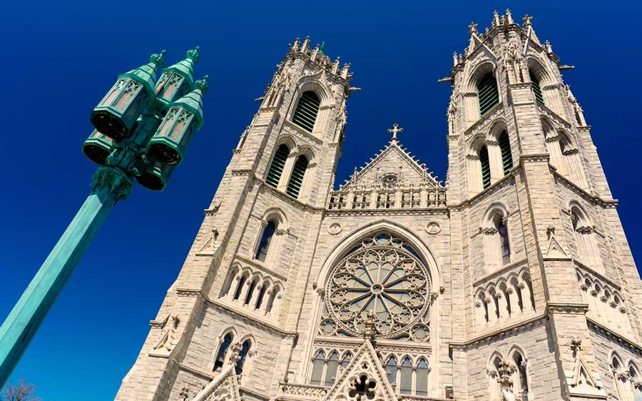 View of Cathedral Basilica in Newark and the clear blue sky over it