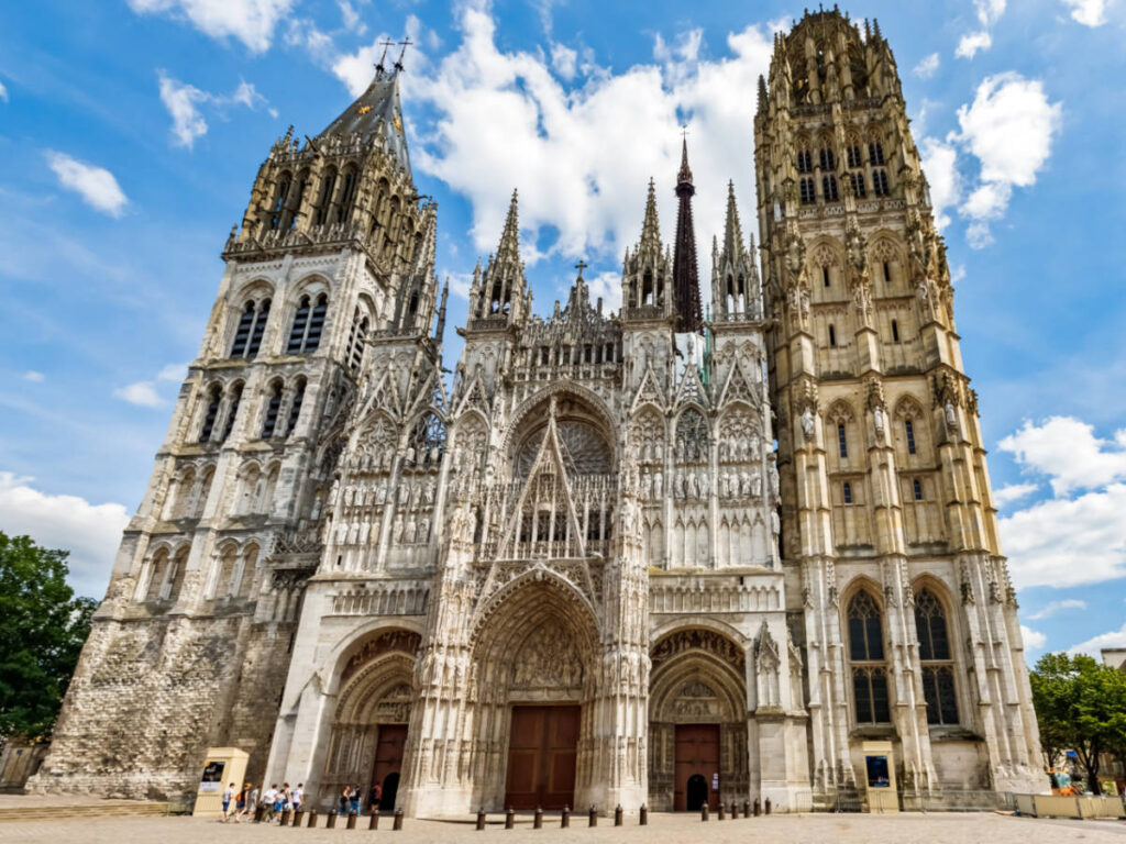 Perspective view of the intricate exterior of Notre Dame Cathedral