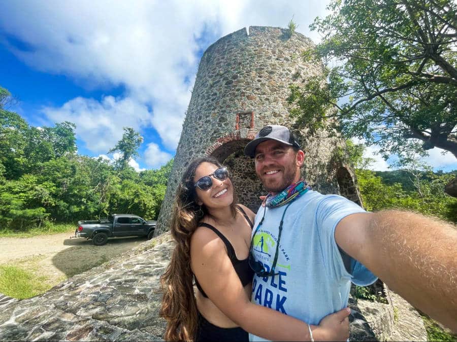 The author Andrew Bloem and his wife posing at the Catherineberg Sugar Mill Ruins