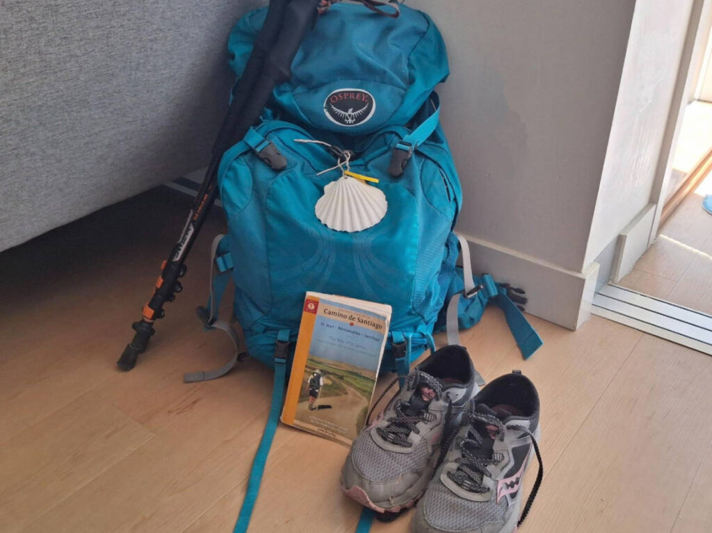 The author's backpack and shoes ready for the hike