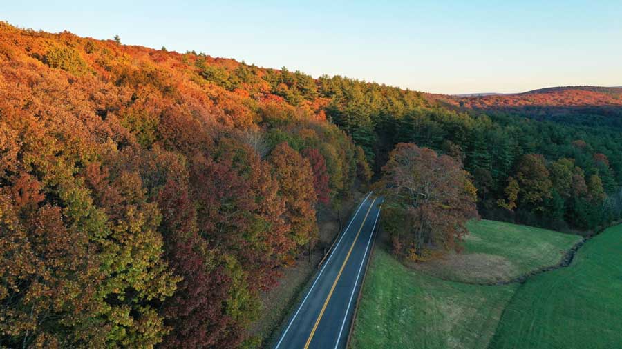 Aerial view of the Catskill Mountains at sunset during autumn season