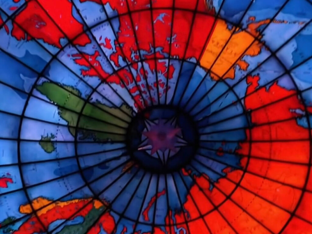 View of the colorful globe in the ceiling of The Mapparium Globe