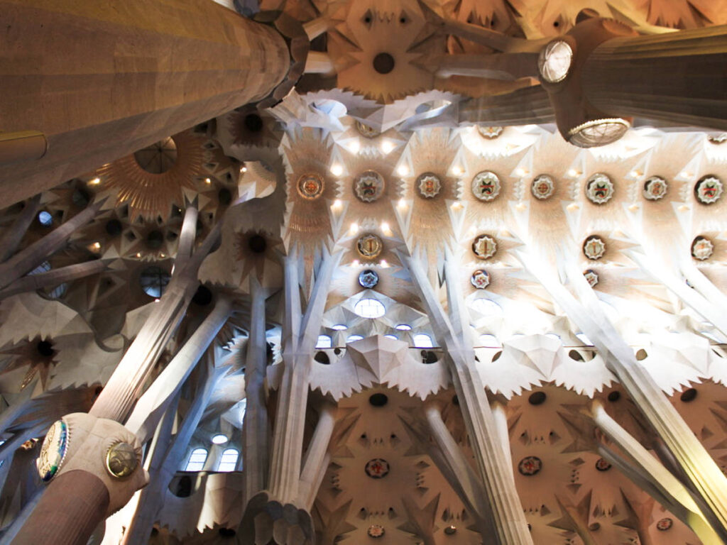 View of the intricate ceiling of La Sagrada Familia