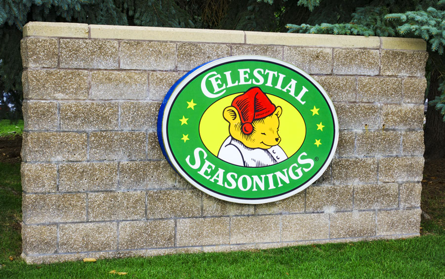 View of Celestial Seasonings logo on a brick stone in Boulder CO