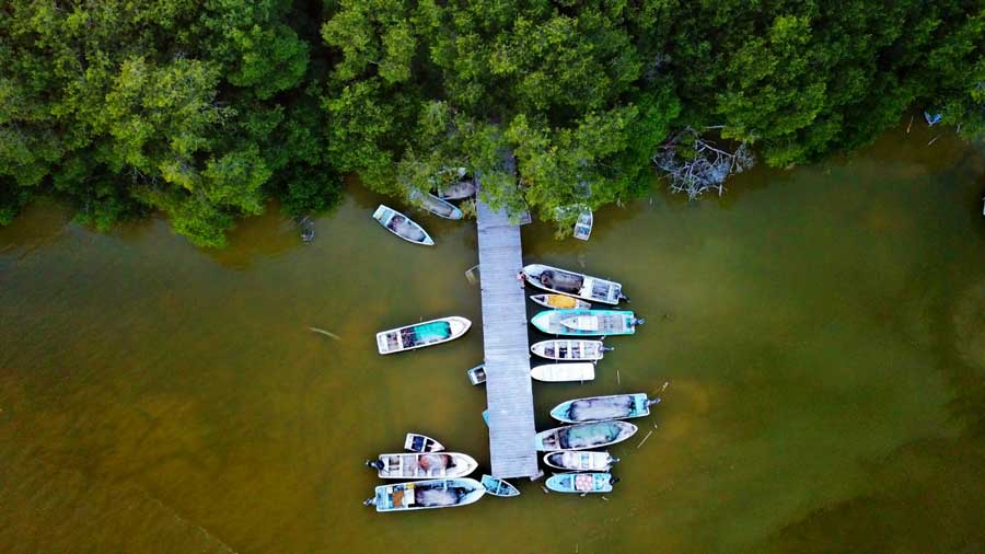 Aerial view of boats on the water of Celestún