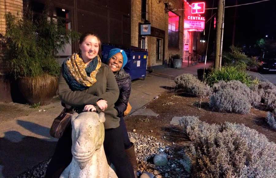 The author with her friend outside the Central Cinema in Seattle